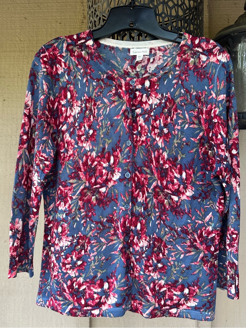 Garnet Hill Blue Floral Eco Merino Cardigan with Pink Red Blooms